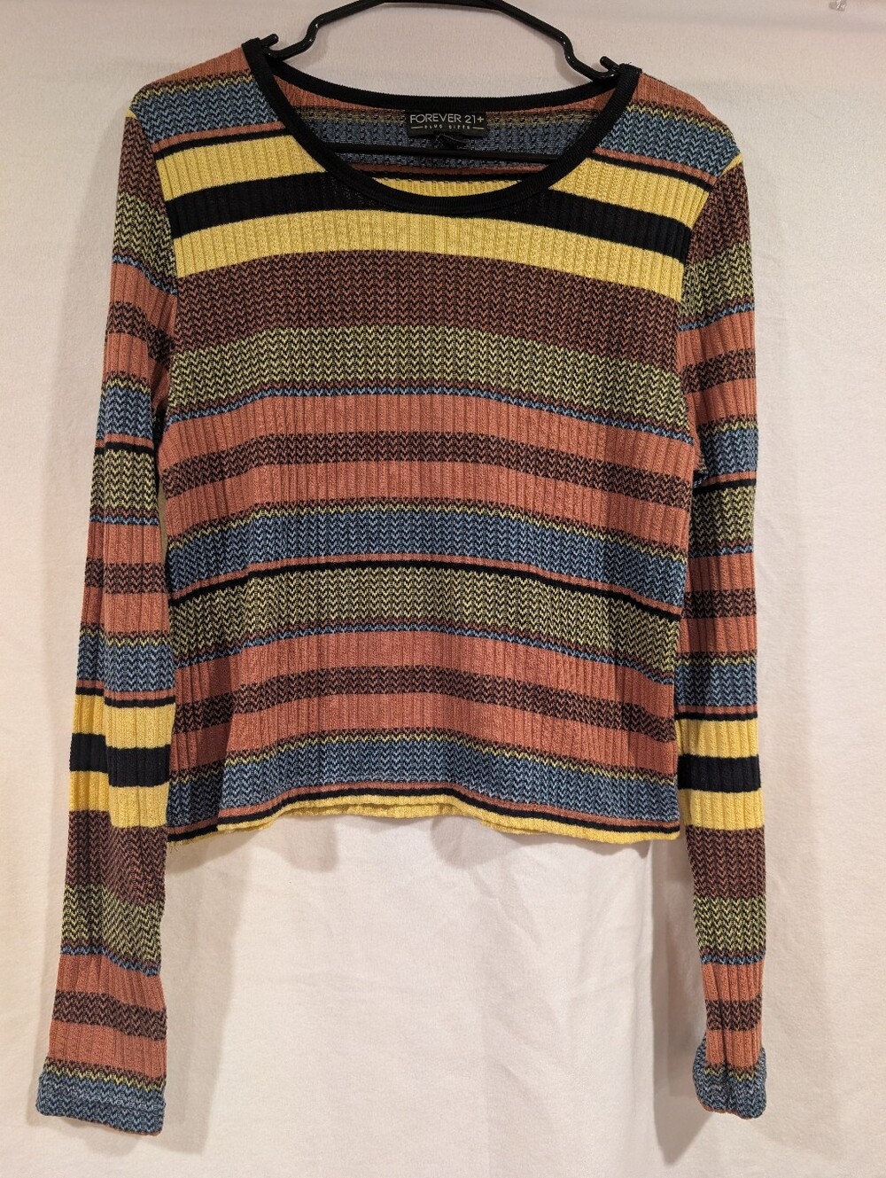 Forever 21+ Striped Ribbed Long Sleeve Knit Crop Top Sweater 1X Fall Fit Retro